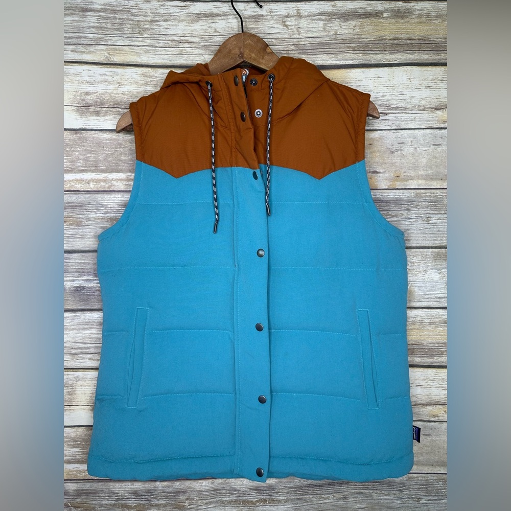 Patagonia Bivy Hooded Down Vest in Mogul Blue size L mushroom print interior - Picture 4 of 10